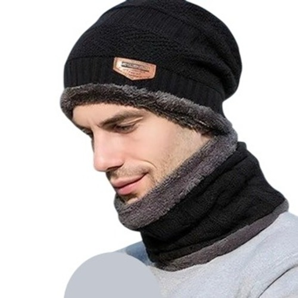 Unisex Adult Black Neck Warmer + Beanie Hat Cap Lined Knit‎ Fleece Outdoor Ski